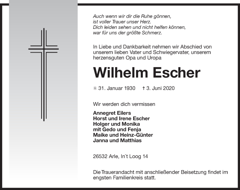  Traueranzeige für Wilhelm Escher vom 05.06.2020 aus 