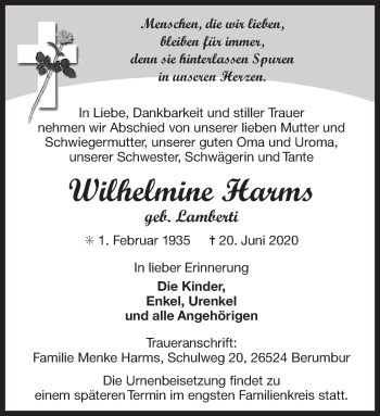 Traueranzeige von Wilhelmine Harms 