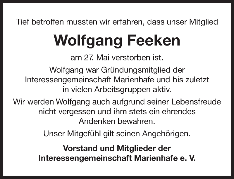  Traueranzeige für Wolfgang Feeken vom 02.06.2020 aus 