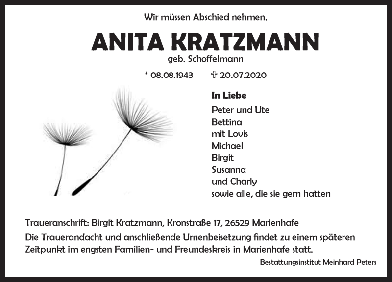  Traueranzeige für Anita Kratzmann vom 22.07.2020 aus 