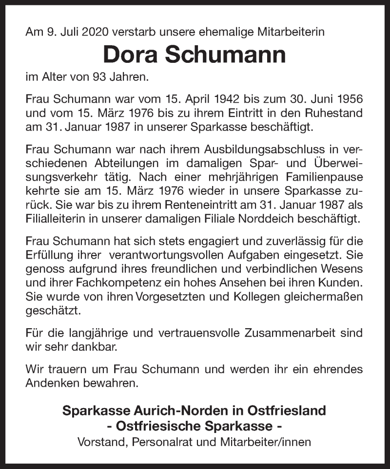  Traueranzeige für Dora Schumann vom 24.07.2020 aus 