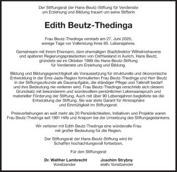 Traueranzeige von Edith Beutz-Thedinga 