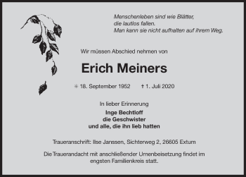 Traueranzeige von Erich Meiners 