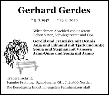 Traueranzeige von Gerhard Gerdes 