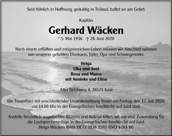 Traueranzeige von Gerhard Wäcken 
