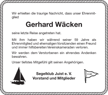 Traueranzeige von Gerhard Wäcken 