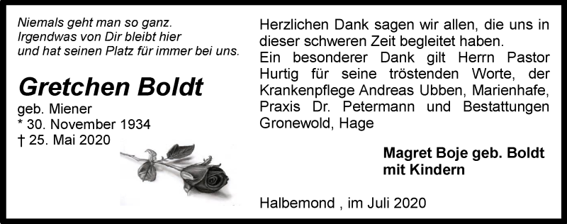  Traueranzeige für Gretchen Boldt vom 04.07.2020 aus 