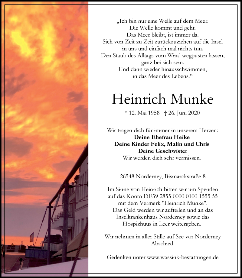  Traueranzeige für Heinrich Munke vom 30.06.2020 aus 