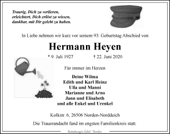 Traueranzeige von Hermann Heyen 