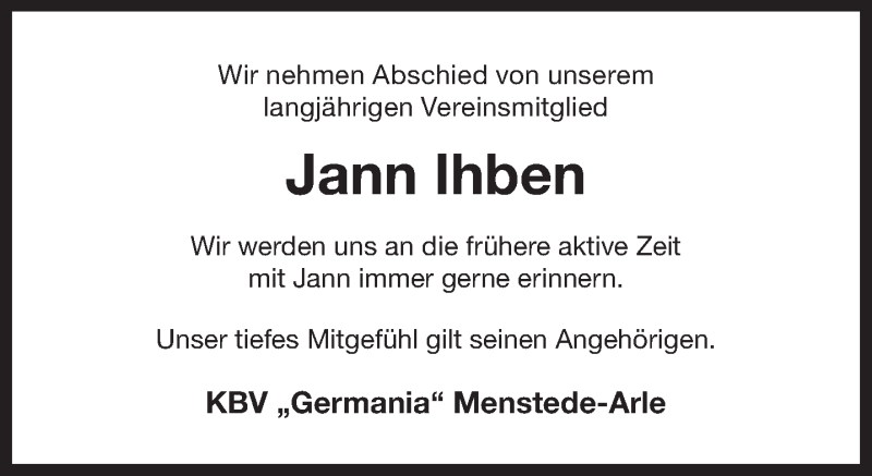  Traueranzeige für Jann Ihben vom 29.07.2020 aus 