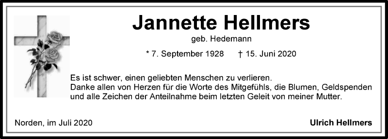  Traueranzeige für Jannette Hellmers vom 18.07.2020 aus 