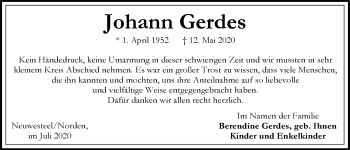 Traueranzeige von Johann Gerdes 