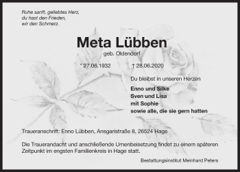 Traueranzeige von Meta Lübben 