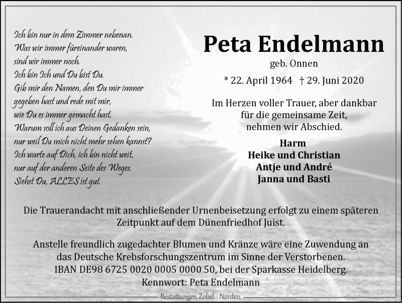  Traueranzeige für Peta Endelmann vom 01.07.2020 aus 