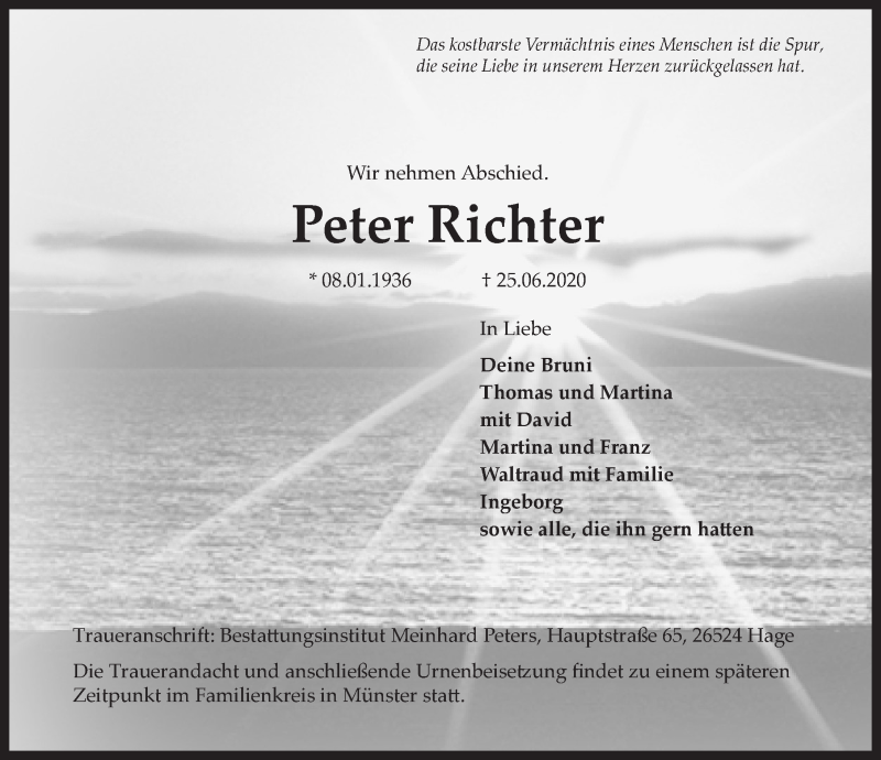  Traueranzeige für Peter Richter vom 04.07.2020 aus 