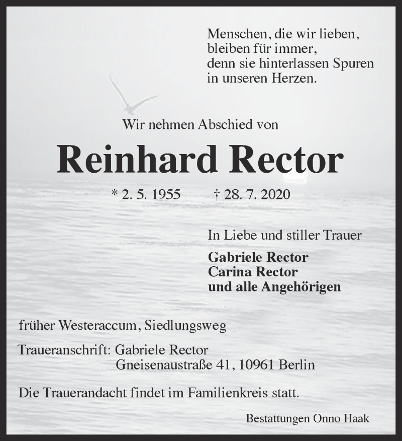  Traueranzeige für Reinhard Rector vom 31.07.2020 aus 