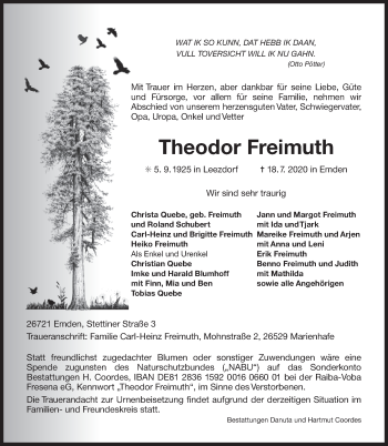 Traueranzeige von Theodor Freimuth 