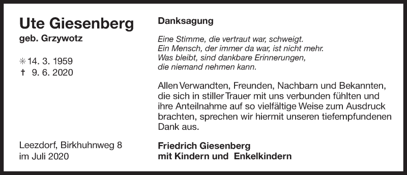  Traueranzeige für Ute Giesenberg vom 25.07.2020 aus 