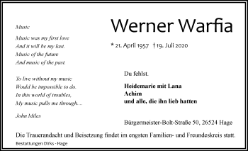 Traueranzeige von Werner Warfia 