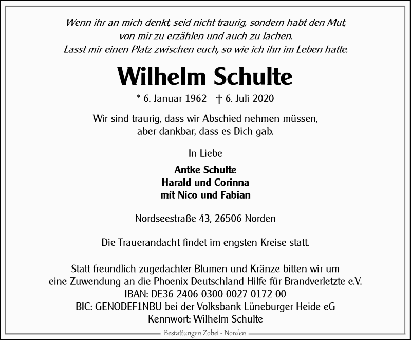  Traueranzeige für Wilhelm Schulte vom 11.07.2020 aus 