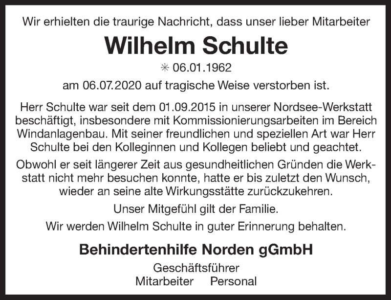  Traueranzeige für Wilhelm Schulte vom 11.07.2020 aus 
