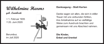 Traueranzeige von Wilhelmine Harms 
