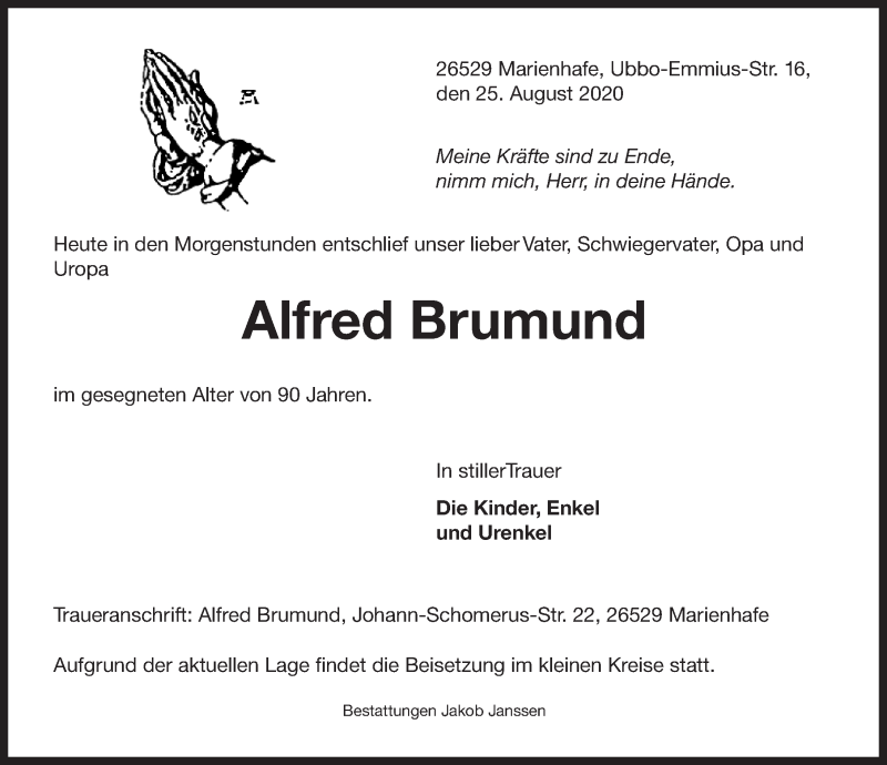  Traueranzeige für Alfred Brumund vom 28.08.2020 aus 