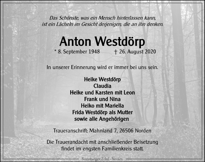  Traueranzeige für Anton Westdörp vom 29.08.2020 aus 