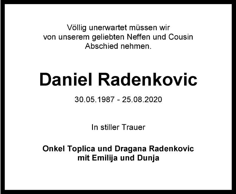  Traueranzeige für Daniel Radenkovic vom 29.08.2020 aus 