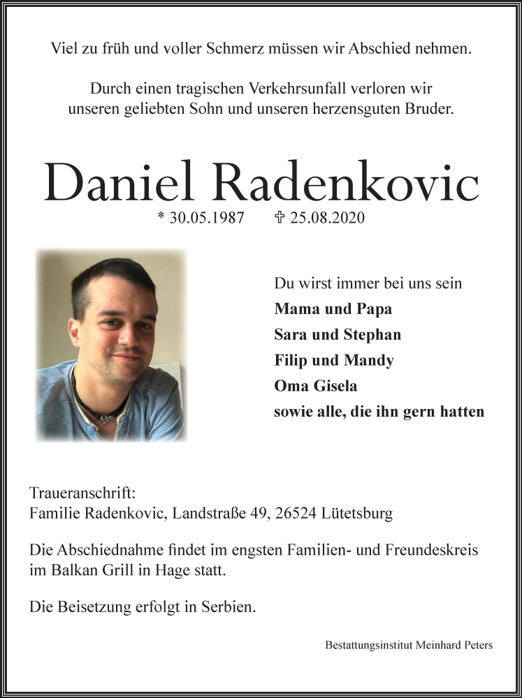  Traueranzeige für Daniel Radenkovic vom 28.02.2020 aus 