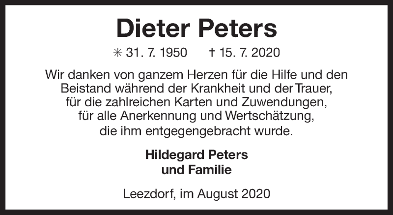  Traueranzeige für Dieter Peters vom 29.08.2020 aus 
