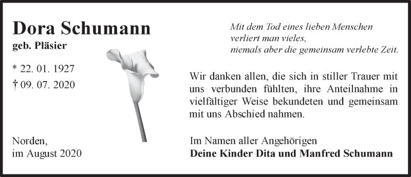  Traueranzeige für Dora Schumann vom 15.08.2020 aus 