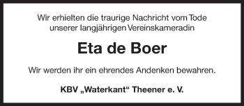 Traueranzeige von Eta de Boer von Ostfrisischer Kurier