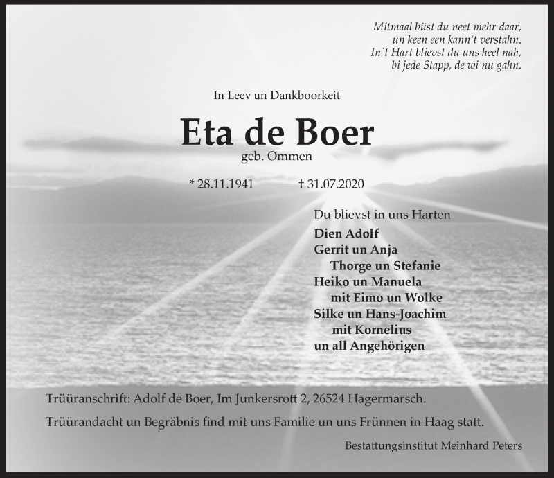  Traueranzeige für Eta de Boer Ommen vom 04.08.2020 aus Ostfrisischer Kurier