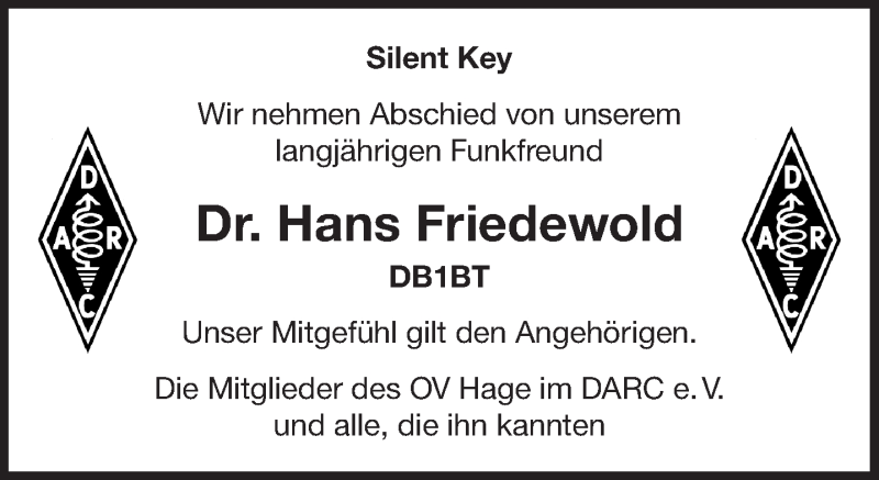  Traueranzeige für Hans Friedewold vom 12.08.2020 aus 