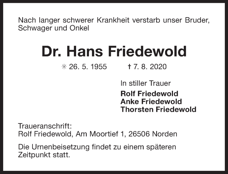  Traueranzeige für Hans Friedewold vom 10.08.2020 aus 
