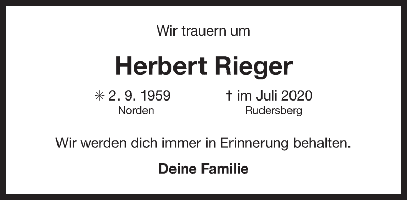  Traueranzeige für Herbert Rieger vom 11.08.2020 aus 