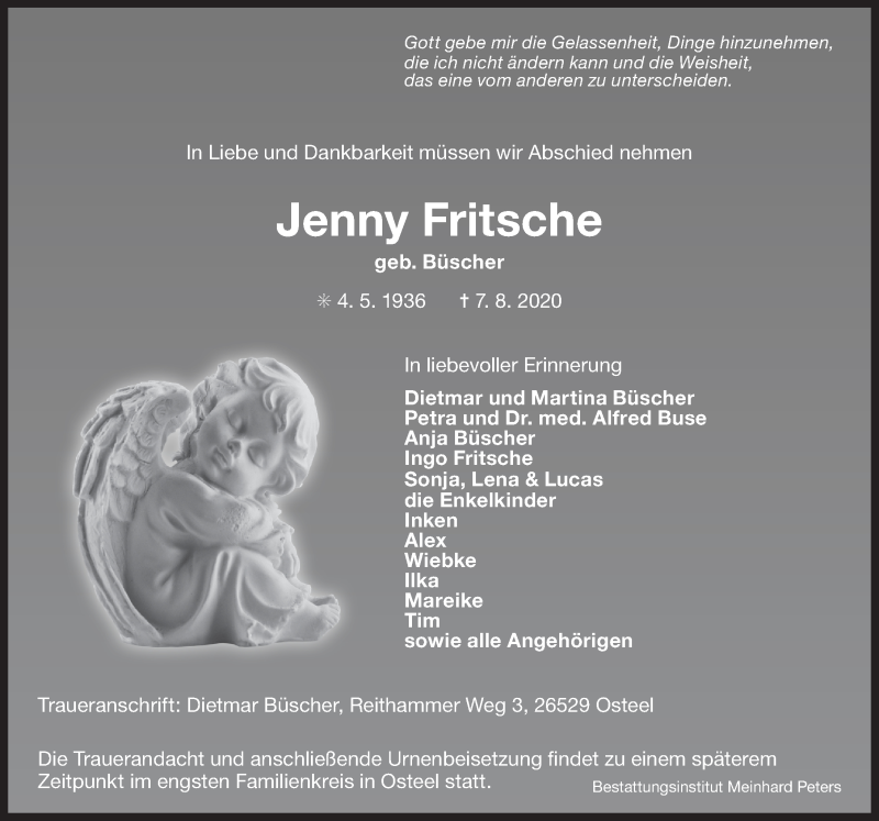  Traueranzeige für Jenny Fritsche vom 15.08.2020 aus 