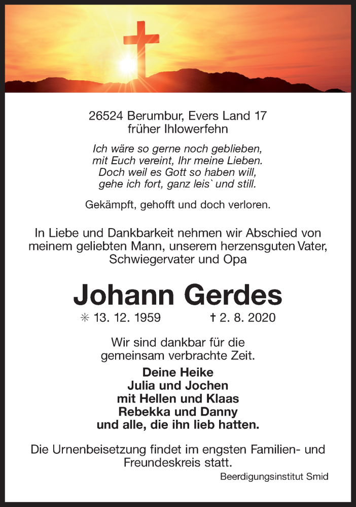  Traueranzeige für Johann Gerdes vom 06.08.2020 aus 