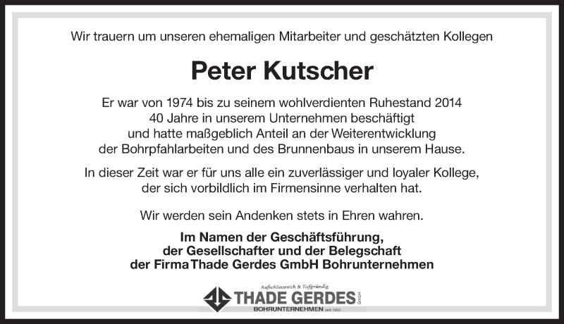  Traueranzeige für Peter Kutscher vom 11.08.2020 aus 
