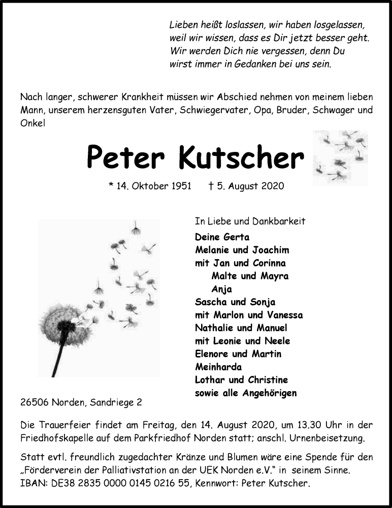 Traueranzeige für Peter Kutscher vom 08.08.2020 aus 