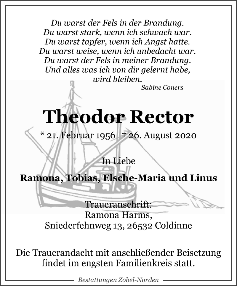  Traueranzeige für Theodor Rector vom 29.08.2020 aus 