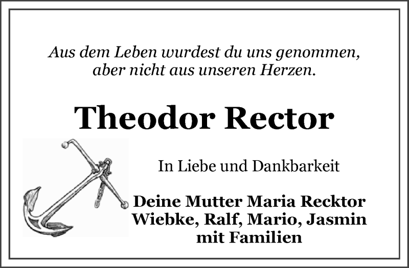  Traueranzeige für Theodor Rector vom 29.08.2020 aus 