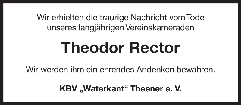  Traueranzeige für Theodor Rector vom 29.08.2020 aus 