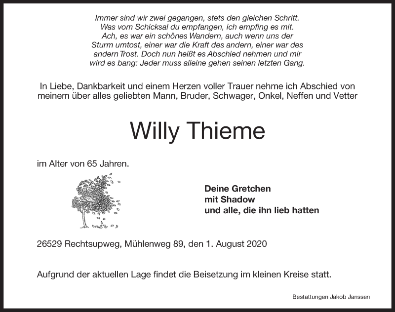  Traueranzeige für Willy Thieme vom 05.08.2020 aus Ostfrisischer Kurier