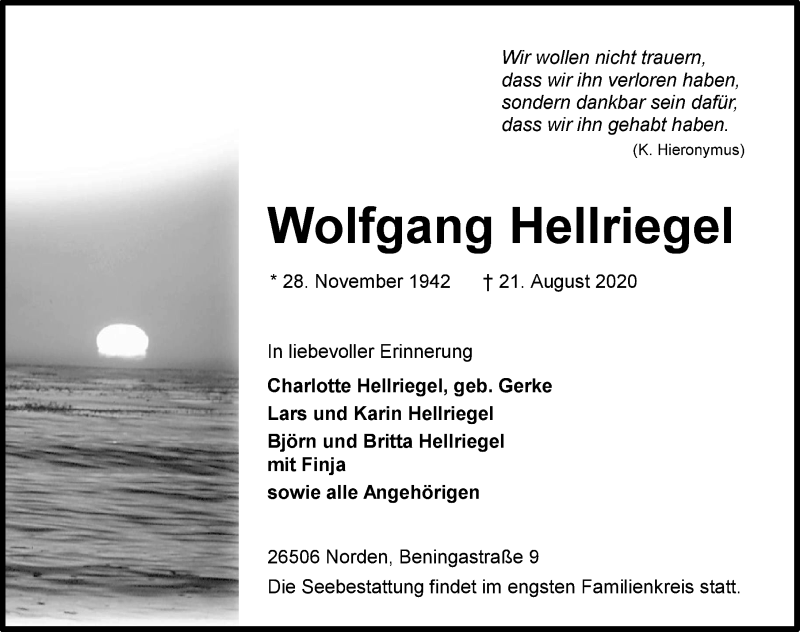  Traueranzeige für Wolfgang Hellriegel vom 22.08.2020 aus 