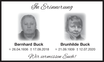 Traueranzeige von Brunhilde und Bernhard Buck 