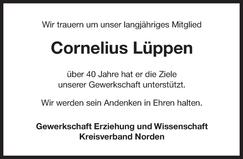  Traueranzeige für Cornelius Lüppen vom 15.09.2020 aus 