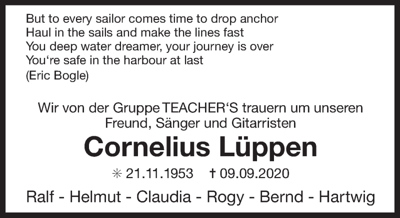  Traueranzeige für Cornelius Lüppen vom 16.09.2020 aus 