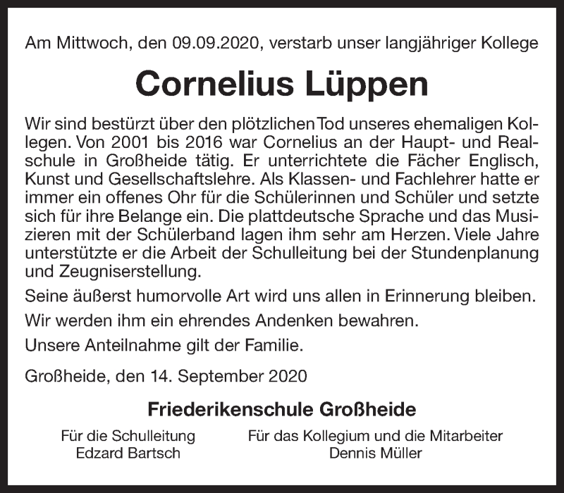  Traueranzeige für Cornelius Lüppen vom 15.09.2020 aus 